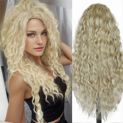 Ash Blonde Synthetic Wig – 26" Long Curly Ombre Hair, Fluffy Wave Wig for Women, Costume & Party Wig