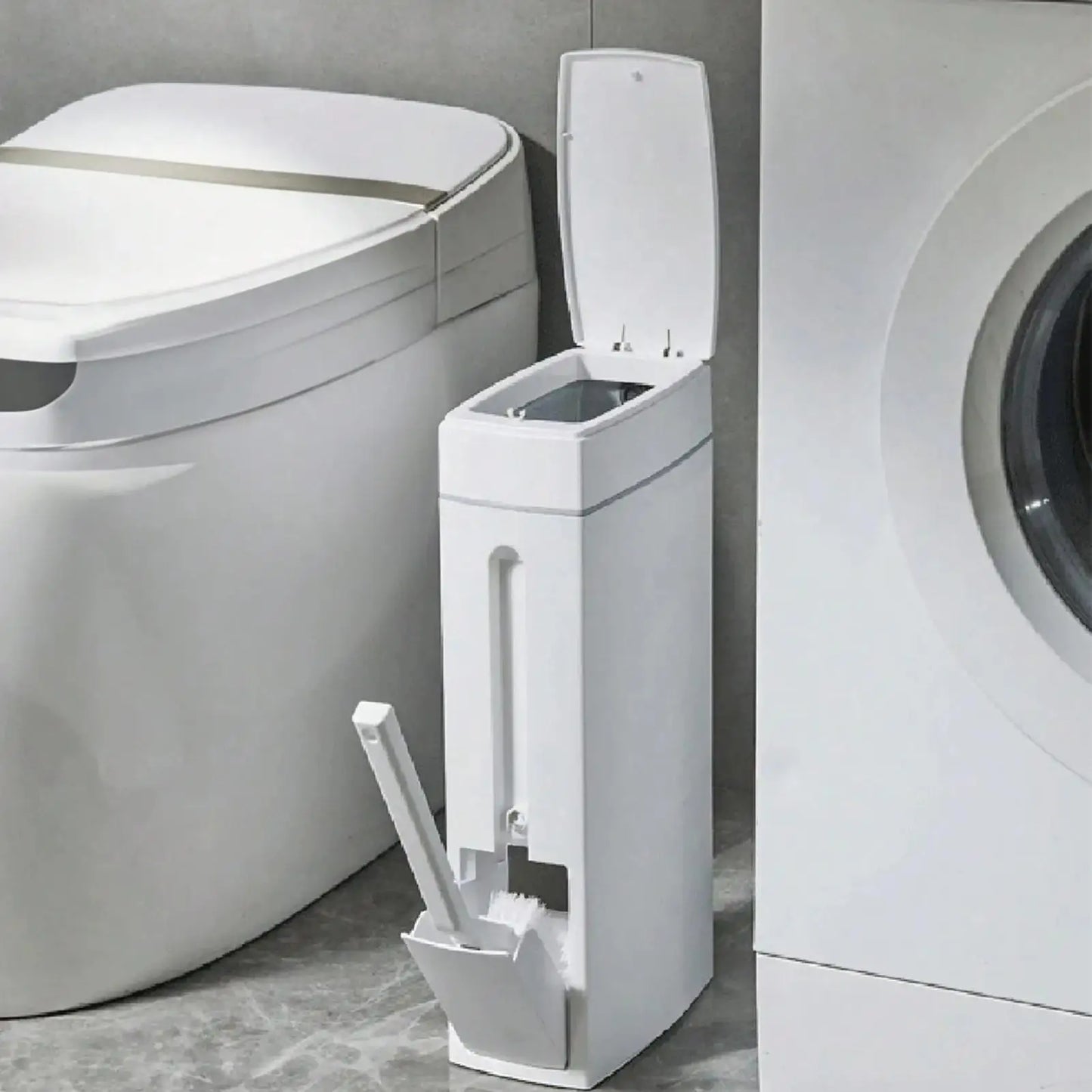 Bathroom Trash Can & Toilet Brush Combo - Space-Saving Slim Garbage Bin with Lid