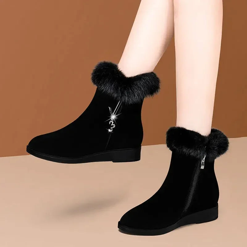 Plush Women's Boots – Comfortable Fur-Lined Hick-Sole Shoes, Fashion Zippered Vulcanized Anti-Slip Footwear for Ladies