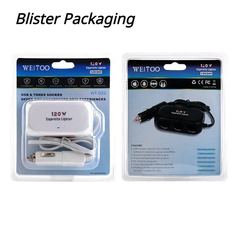 3-Socket Car Cigarette Lighter Splitter - 120W 12V/24V Dual USB Fast Charger Adapter for iPhone, GPS and Dashcam
