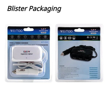 3-Socket Car Cigarette Lighter Splitter - 120W 12V/24V Dual USB Fast Charger Adapter for iPhone, GPS and Dashcam