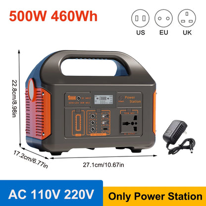 300W/500W Portable Solar Power Station – 460Wh LiFePO4 Battery Energy Storage with 110V/220V Output & LED for Camping, RV, and Travel