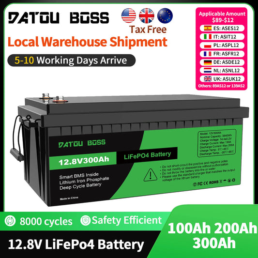 DATOUBOSS 12V 100Ah LiFePO4 Battery — 1280Wh Lithium Battery with 100A BMS, 8000-15000 Deep Cycles, Series/Parallel Support