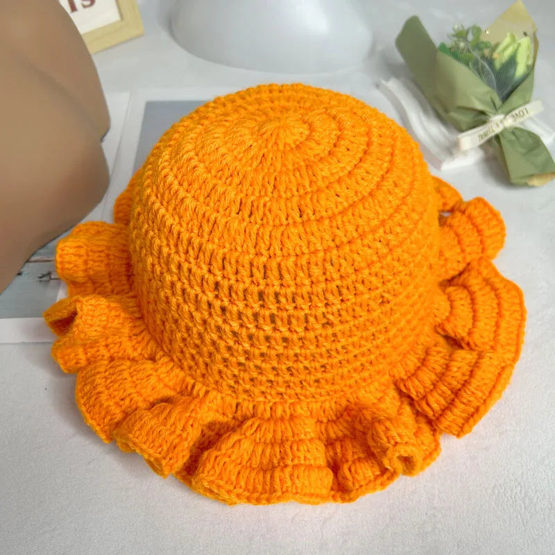 Handmade Crochet Conical Bucket Hat – Ruffled Brim Fisherman Hat for Women, Stylish Sun Protection Cap
