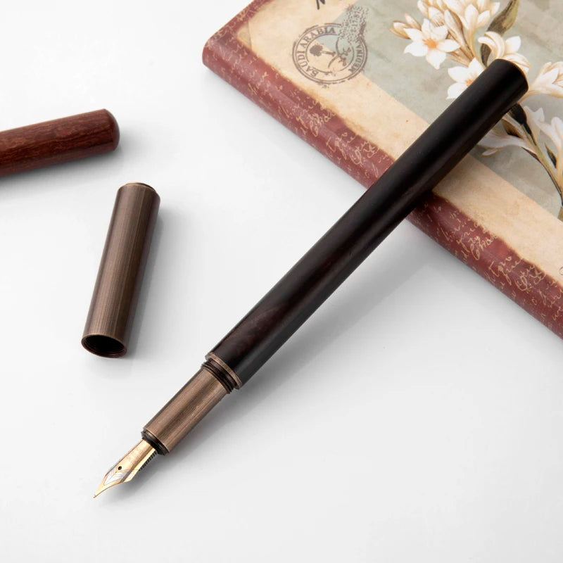 Luxury Retro Wood & Bronze Fountain Pen – 0.5mm Calligraphy Ink Pen for Office, Business & Gift Stationery