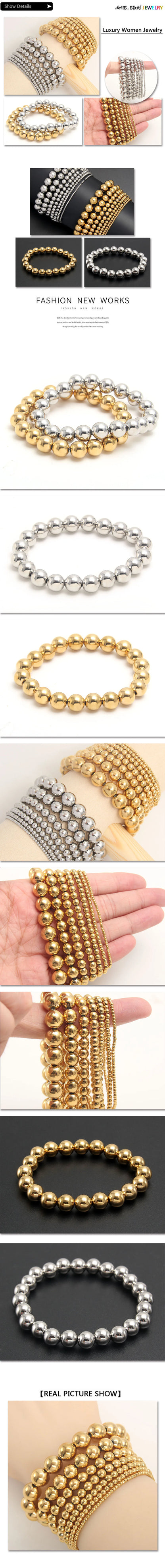 MHS.SUN Trendy Stainless Steel Stretch Bracelet — Gold & Silver Beaded 2mm/5mm/8mm for Men & Women