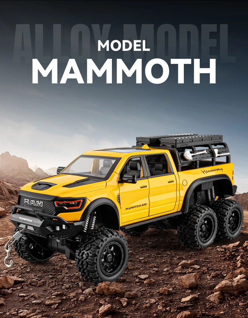 1:24 Dodge Mammoth RAM 1000 TRX 6x6 Diecast Model Car – Metal Alloy Toy with Lights for Kids & Collectors Gift