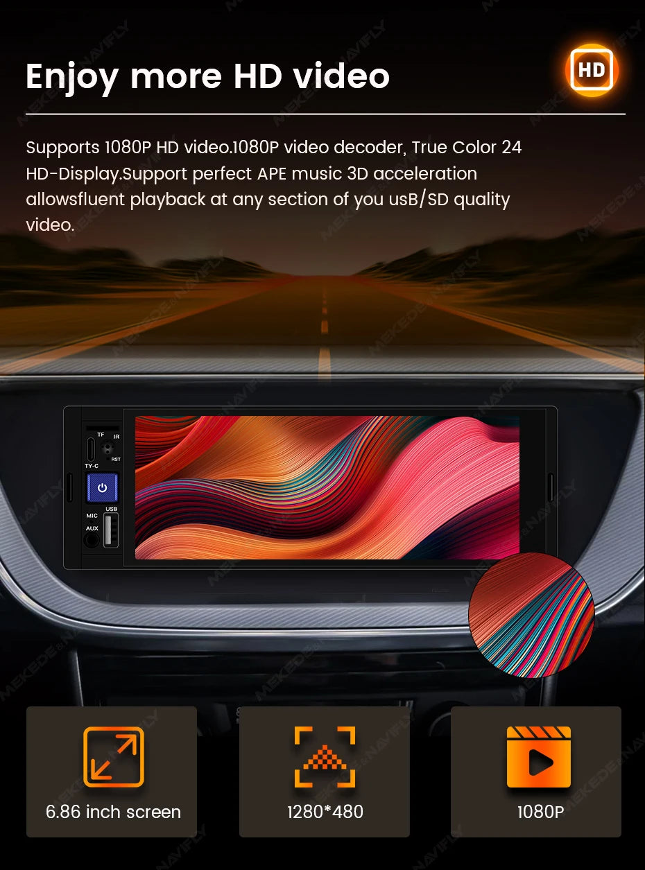1DIN Universal 6.86" MP5 Car Radio – Wireless CarPlay Android Auto Multimedia Video Player with AUX, USB, SWC, Bluetooth & Touchscreen