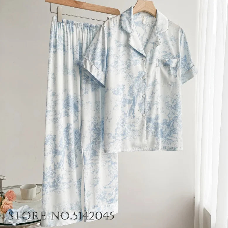 Fashion Floral Print Satin Pajamas Set for Women – Spring Summer Loose Sleepwear Loungewear Homewear Suit