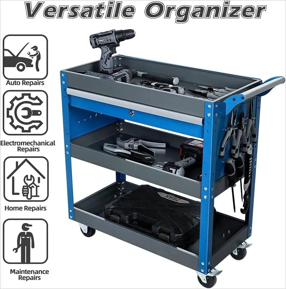 AIRAJ 3-Tier Rolling Tool Cart — Heavy-Duty Metal Mechanic Utility Cart with Drawers, Wheels & Pegboard