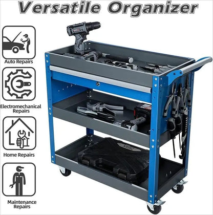 AIRAJ 3-Tier Rolling Tool Cart — Heavy-Duty Metal Mechanic Utility Cart with Drawers, Wheels & Pegboard