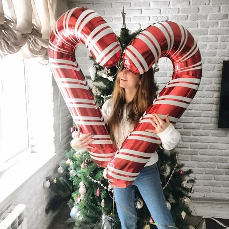 2PCS 80x38cm Christmas Candy Cane Foil Balloons – Santa Claus Crutch Decoration for Xmas and New Year Party, Home Decor