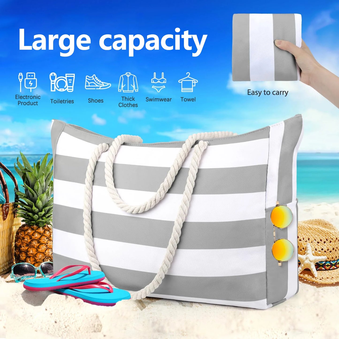 Striped Waterproof Canvas Beach Bag – Zippered Foldable Tote for Outdoor Travel and Vacation, Sand-Resistant Design