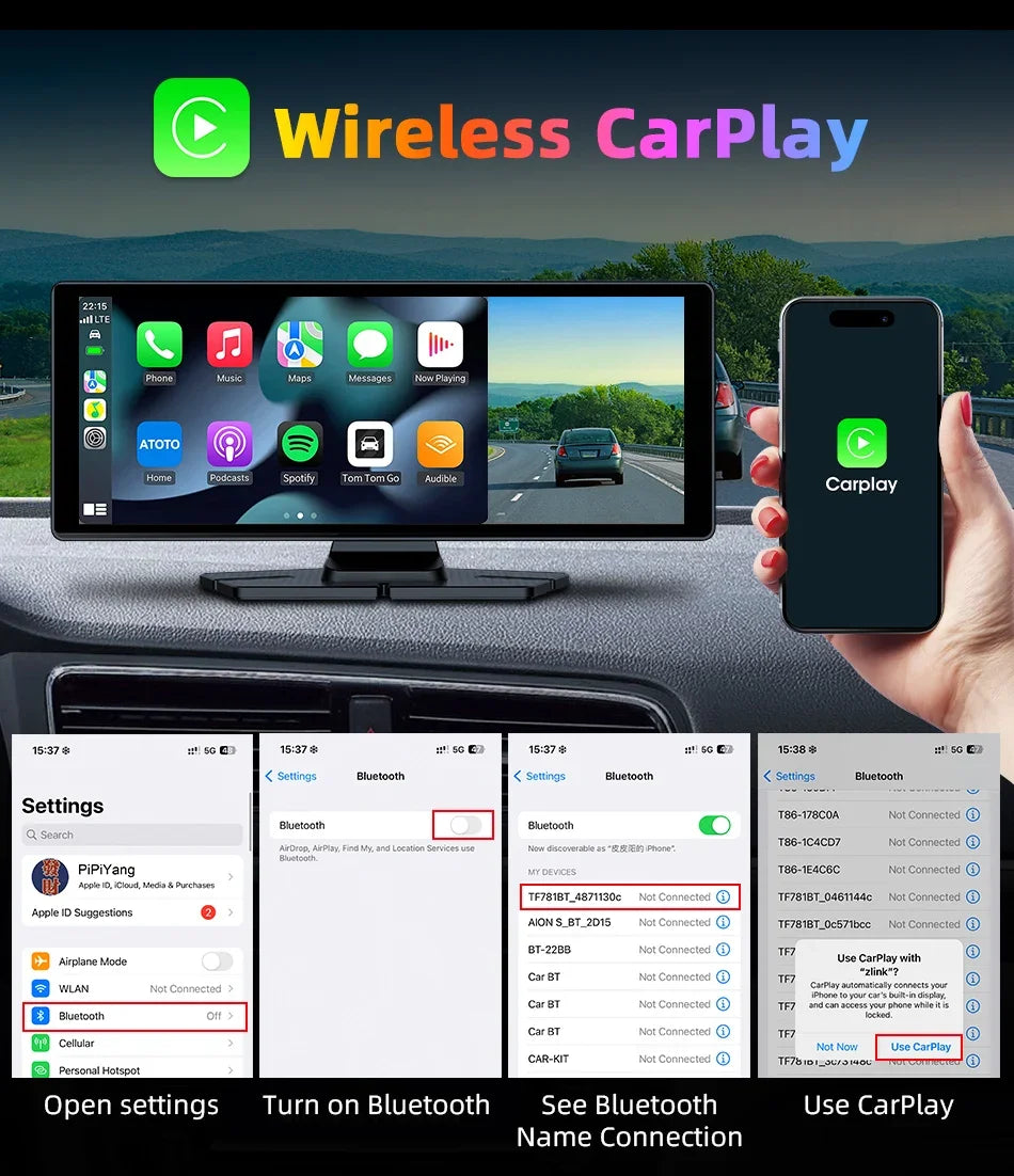7"/10.26" 4K Dash Cam — Car DVR with Wireless CarPlay, Android Auto, 350° Rotating Lens, GPS & Bluetooth