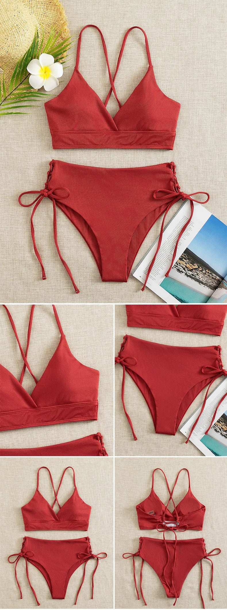 Cikini V-Neck Split Bikini Set – Sexy Lace-Up Triangular Solid Color Swimwear for Women
