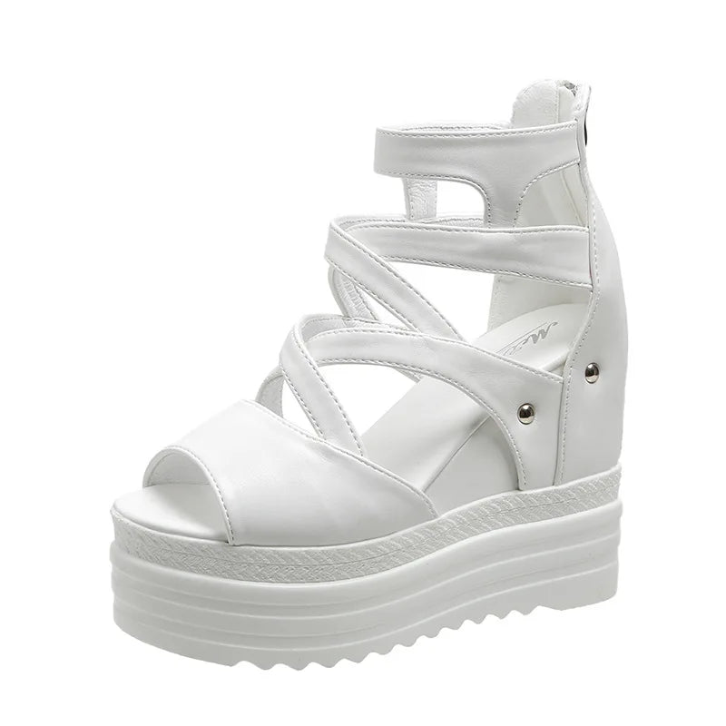 Women’s Summer Wedge Sandals – 12CM Platform Peep-Toe High Heels with Back Zipper