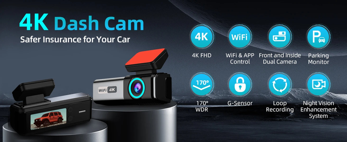 Aprilboy 4K WiFi Dash Cam 2160P – Dual Lens Front & Rear Car DVR, Night Vision, G-Sensor, 24H Parking Monitor