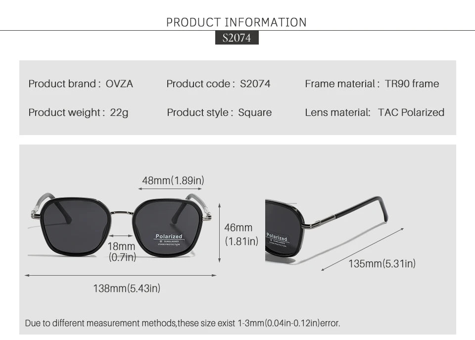 OVZA TR90 Polarized Sunglasses – Fashion Square Frame Driving Glasses for Men & Women S2074