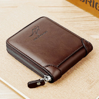 Luxury Leather Men's Wallet – RFID Zipper Card Holder with Coin Pocket, Perfect Gift for Men