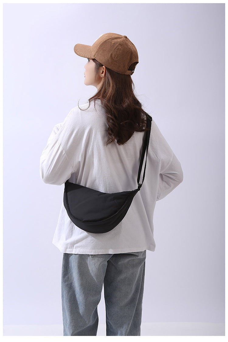 Solid Color Women's Portable Shoulder Bag – Simple Nylon Cloth Padded Crossbody Travel Purse & Messenger Bag