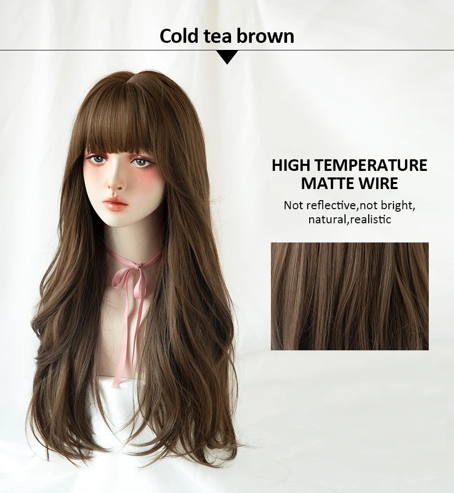 7JHH Brown Ash Long Deep Wave Lolita Wig for Women — Synthetic Hair with Bangs, Thick Curly Fashion Wig