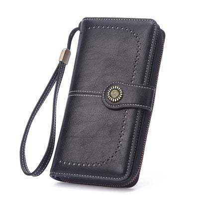 Vintage Large Capacity Women's Purse – Monochromatic Multi-Card Long Wallet with Zipper & Wrist Strap