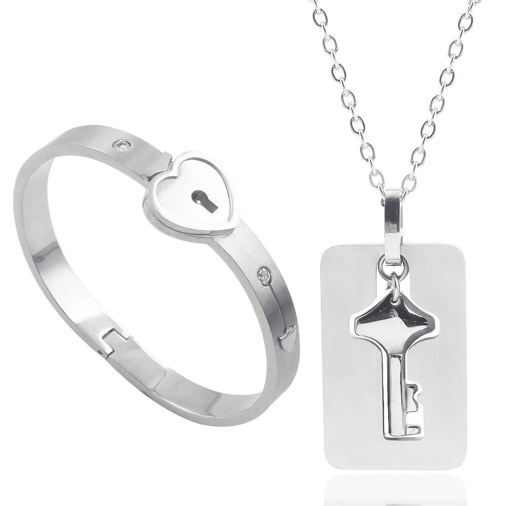 Couple Stainless Steel Love Lock Bracelet with Key Pendant Necklace – Romantic Jewelry Gift for Men and Women