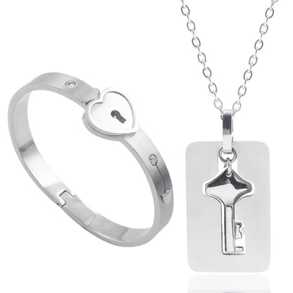 Couple Stainless Steel Love Lock Bracelet with Key Pendant Necklace – Romantic Jewelry Gift for Men and Women
