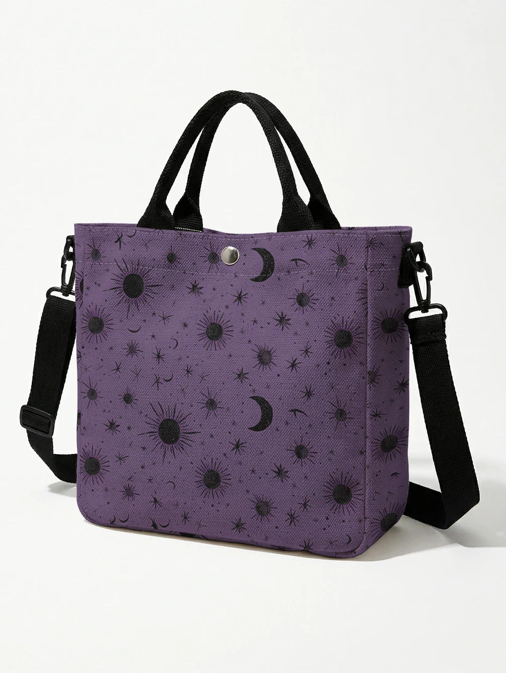 Purple Sun Moon Star Print Tote Bag - Detachable Strap Crossbody Handbag for Women