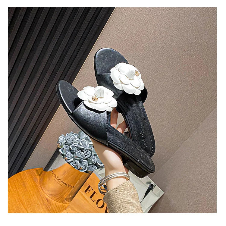 Luxury Women’s Flower Slippers — Camellia Open-Toe Slides for Home & Outdoor, Ladies Flip Flop Sandals