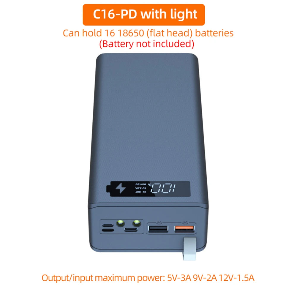 C16 18650 Battery Case | USB Welding-Free Power Bank DIY Shell | Detachable Portable QC 3.0 PD Housing