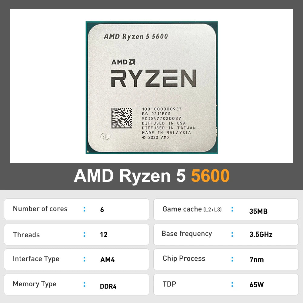 AMD Ryzen 5 5600 CPU Processor - 6-Core, 12-Thread, 3.5GHz, 32MB L3 Cache, 7NM, Socket AM4 (No Fan)