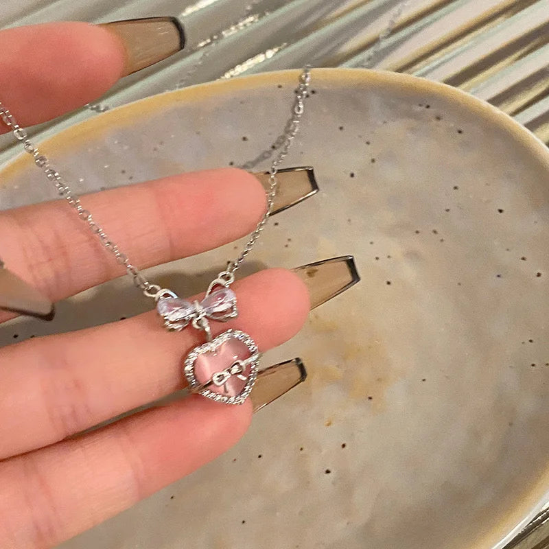 Y2K Crystal Bow Angel Wings Necklace - Heart Pendant Clavicle Chain for Women Trendy Aesthetic Jewelry