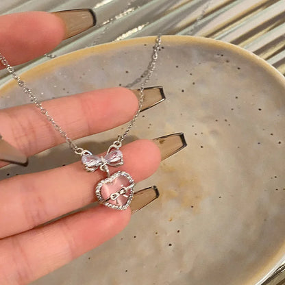 Y2K Crystal Bow Angel Wings Necklace - Heart Pendant Clavicle Chain for Women Trendy Aesthetic Jewelry