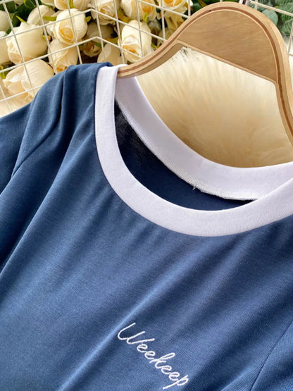 Foamlina Women’s Short Sleeve Knitted Bodysuit – Summer Slim Fit Color Block Embroidered O-Neck Top Jumpsuit