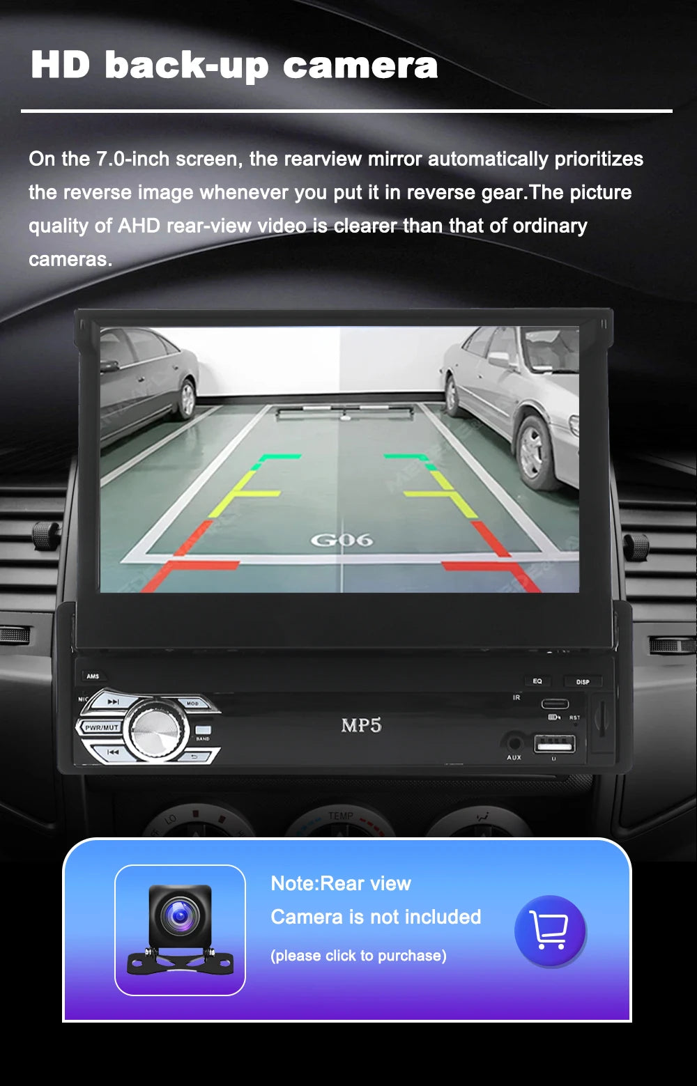 Universal 1-DIN 7" Car Stereo - Retractable Touchscreen MP5 Player with CarPlay, Android Auto, FM Radio & Mirror Link