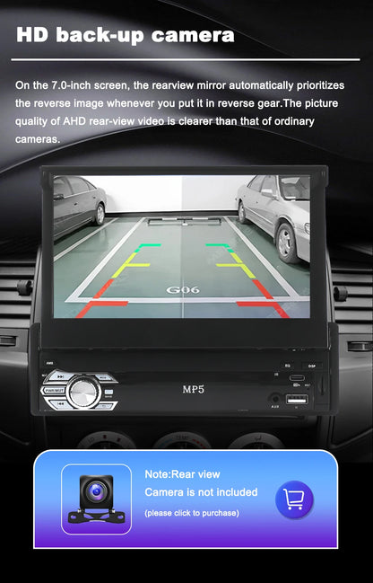 Universal 1-DIN 7" Car Stereo - Retractable Touchscreen MP5 Player with CarPlay, Android Auto, FM Radio & Mirror Link