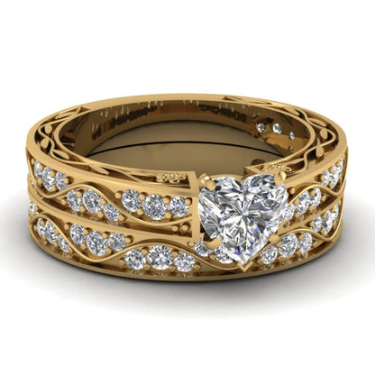 Couple Heart Rings Set - Trendy Stainless Steel Love Rings with Zircon Rhinestone Design for Women & Men Gift