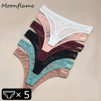 Moonflame 5Pcs Lace Thong Underwear Set - Women’s T-Back G-String Lingerie with Transparent Sexy Panties