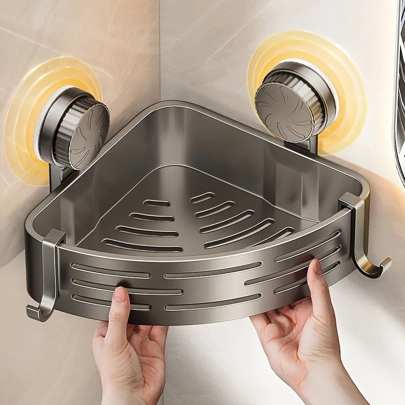 Space-Saving Suction Cup Bathroom Shelf — No-Drill Triangular Rack with Hooks for Shower & Toilet Storage