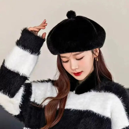 Thickened Plush Winter Beret for Women – Fleece-Lined Painter Style Hat, Elastic Cold Weather Cap, Vintage Retro Fashion Outdoor Wear