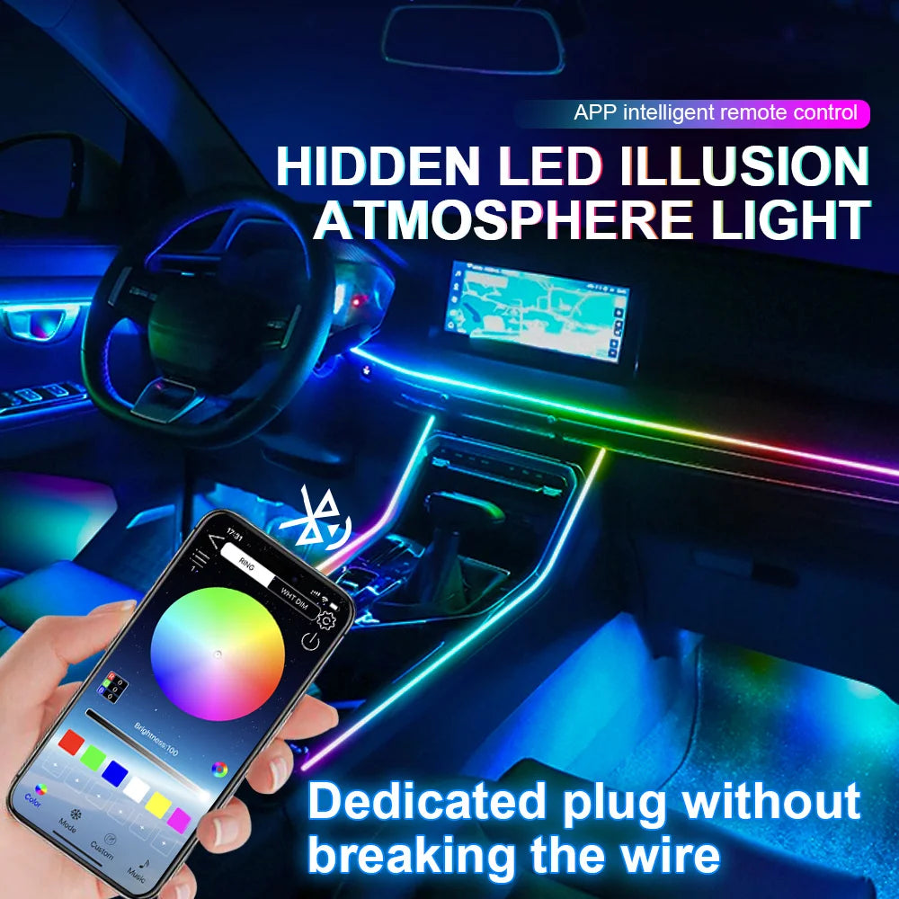 10/14/18-in-1 LED Car Ambient Lights – 213 64 Color RGB Bluetooth Rainbow Acrylic Strips, Atmosphere Lamp Kit 12V