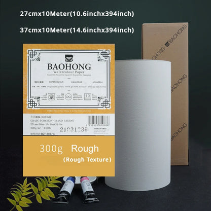 BAOHONG 300g Watercolor Paper Roll – 100% Cotton Natural White Cold Press Rough Professional Art Paper 27/37cm × 10m