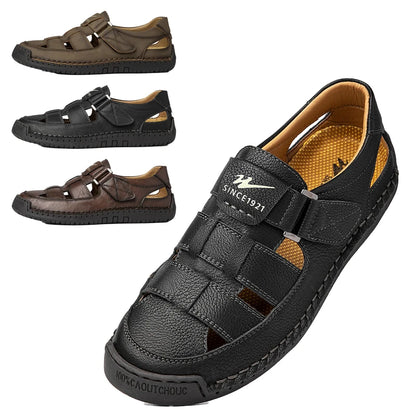 Men's Wide Toe Leather Sandals - Breathable Hollow Out Closed Toe Roman Casual Shoes Plus Size