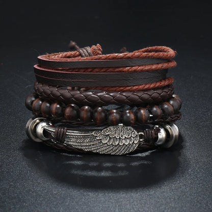 4Pcs Men's Braided Leather Bracelets Set – Vintage Life Tree & Rudder Charms, Wood Beads, Ethnic Tribal Wristbands