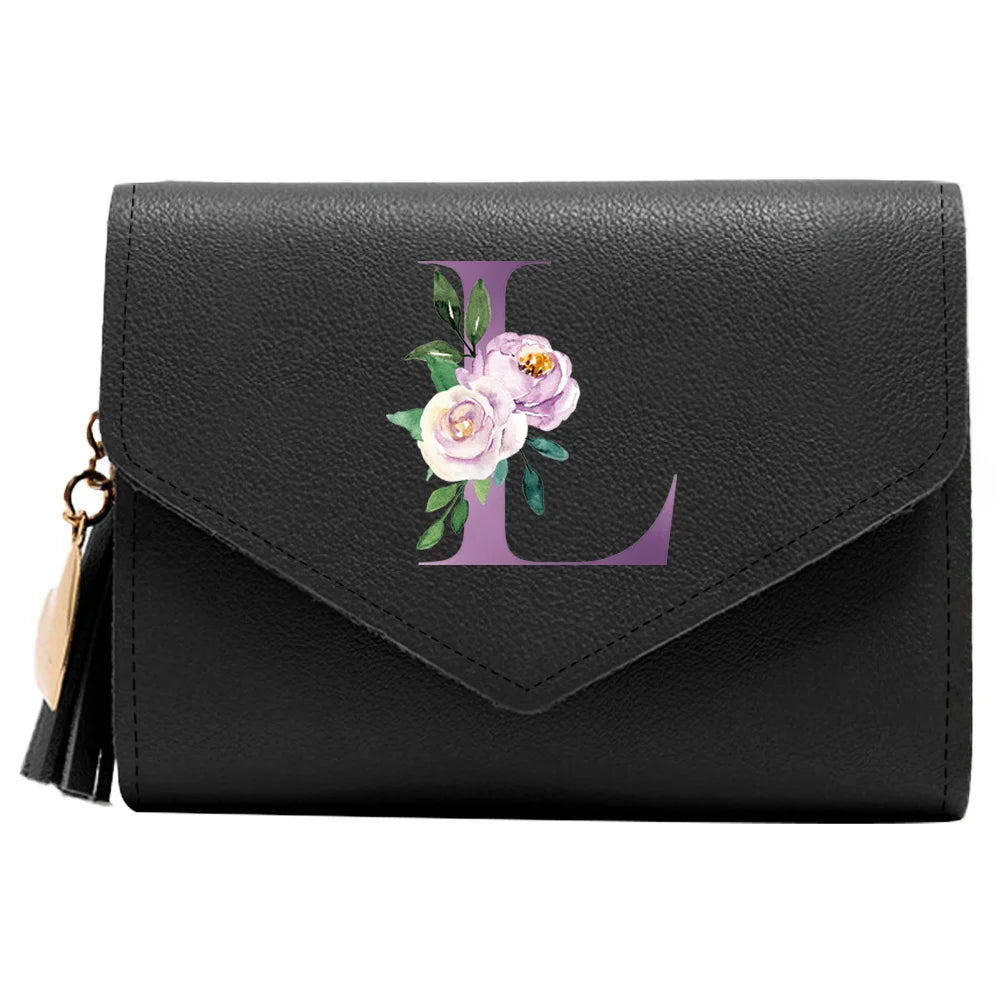Women's RFID Leather Wallet - Compact Luxury Mini Purse With ID Window, Purple Letter Pattern & Card Holder Design