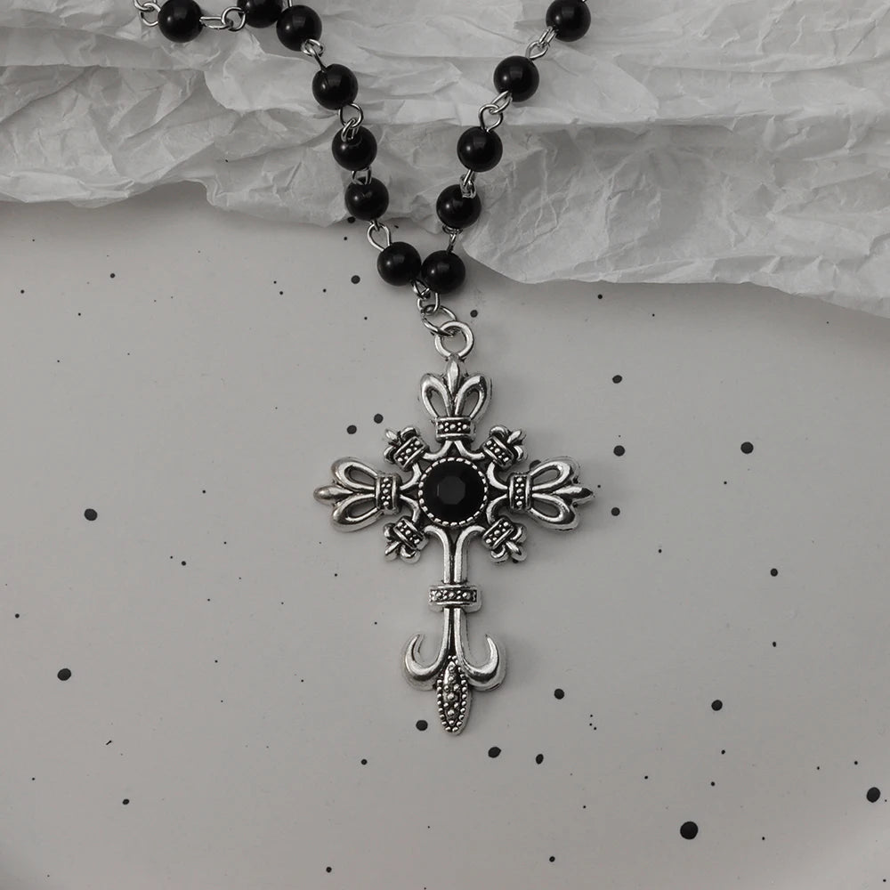 Gothic Bat Cross Necklace Set - Y2K Thorn Love Black Beaded Layered Jewelry for Halloween Parties