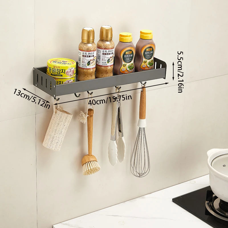 Wall-Mounted Kitchen Spice Rack Organizer with Hanging Hooks – Kitchen Storage Shelf for Condiments
