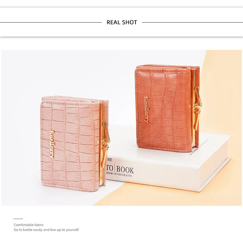 Baellerry Short Women’s Wallet — Crocodile Pattern Coin & Card Holder with Photo Slots, Hasp Purse for Girls