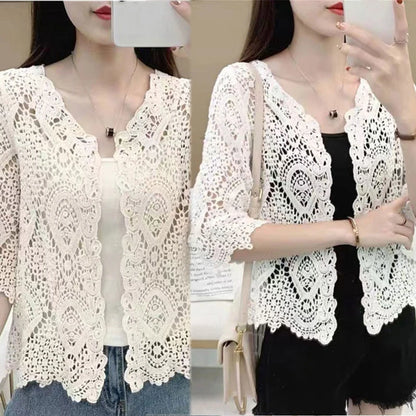 Women’s Knitted Lace Shrug – Boho Hollow Crochet Floral 3/4 Sleeves, Open Front Cropped Cardigan, Elegant Mesh Sweater Cover-Up